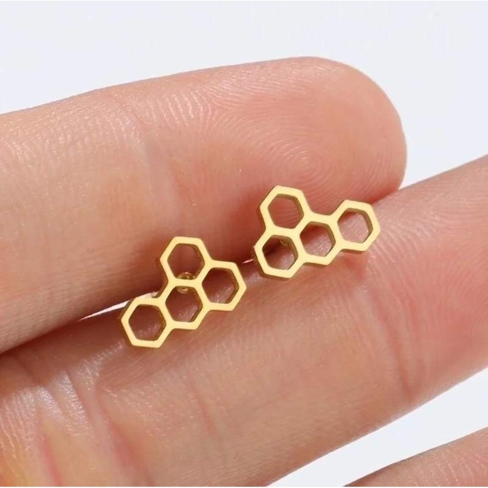 18K Gold Plated Titanium Honeycomb Stud Earrings Geometric Minimalist